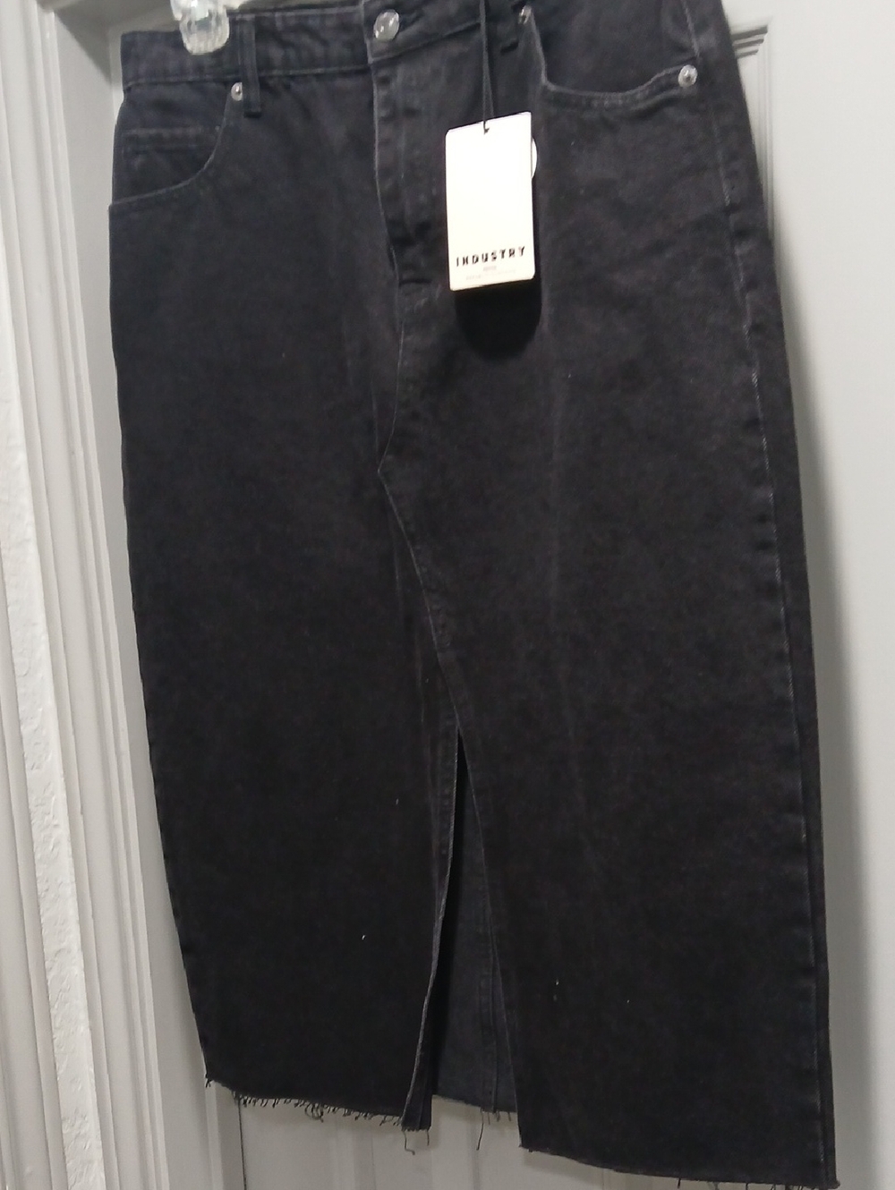 Industry Black Denim Midi Skirt with Front Slit